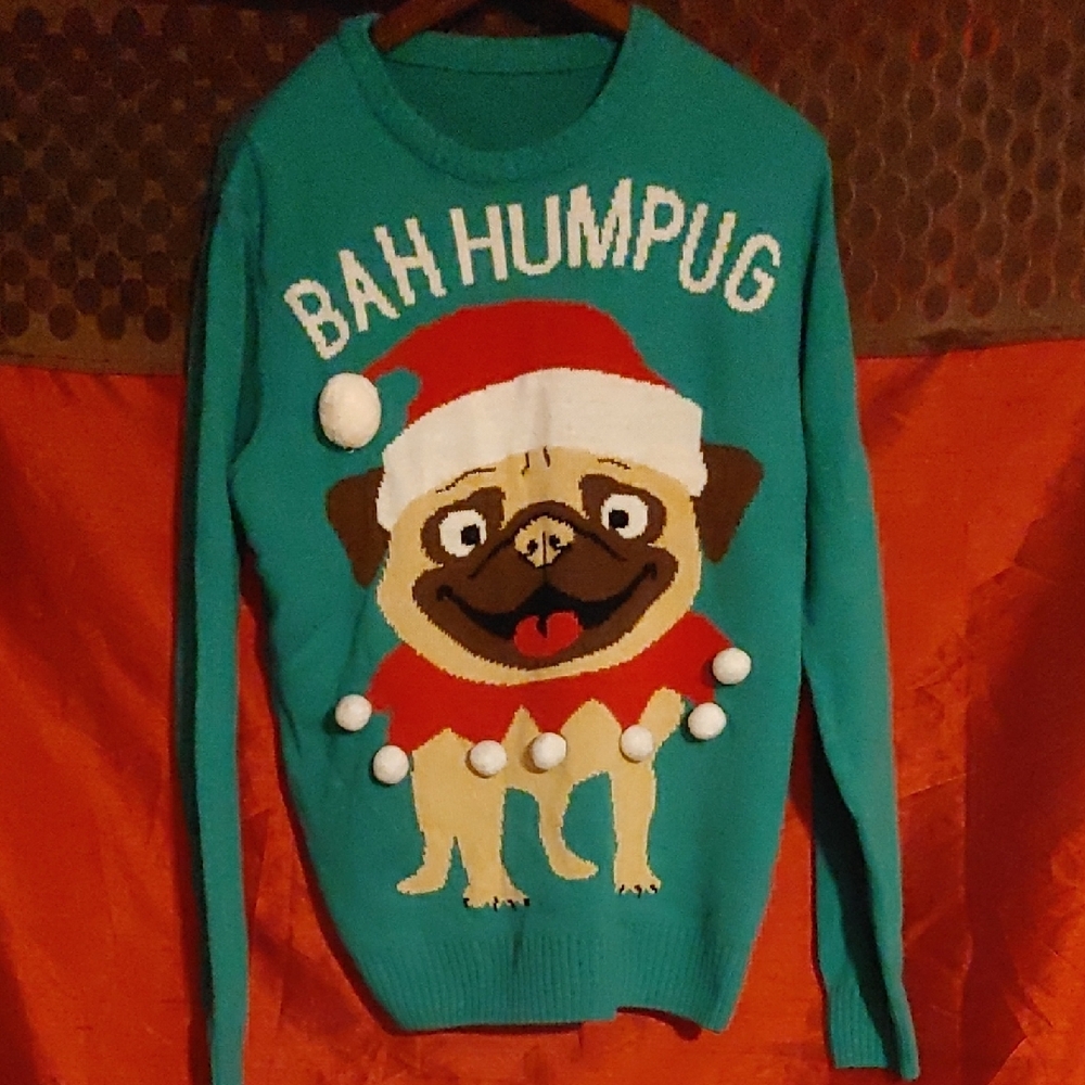Pug Bah Humpug Festive Crewneck Sweater, Green Sz Lg